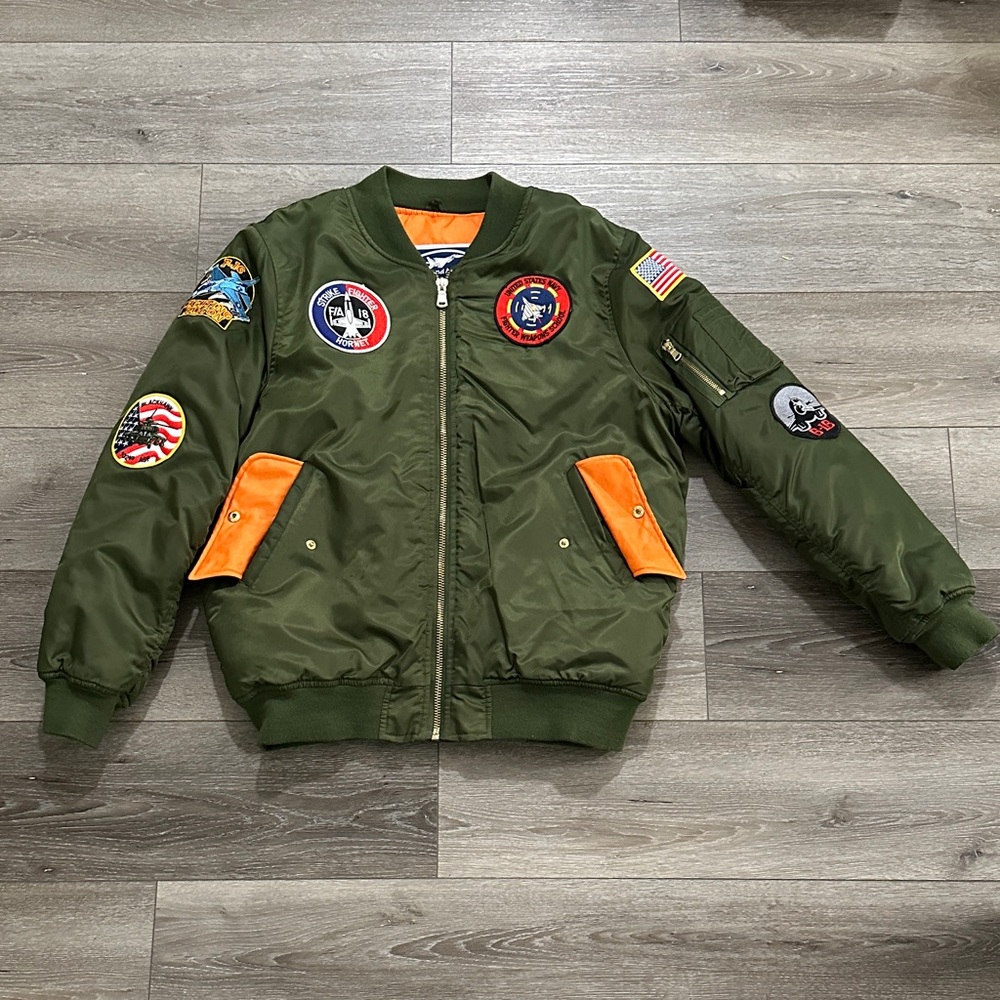 Olive Green Bomber Jacket with Patches